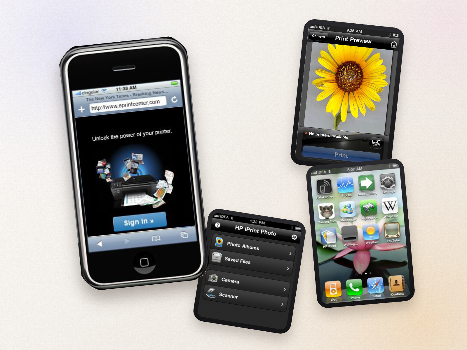 HP ePrint &mdash; iPhone sign-in, the iPrint Photo menu, print preview, and the app on the home screen