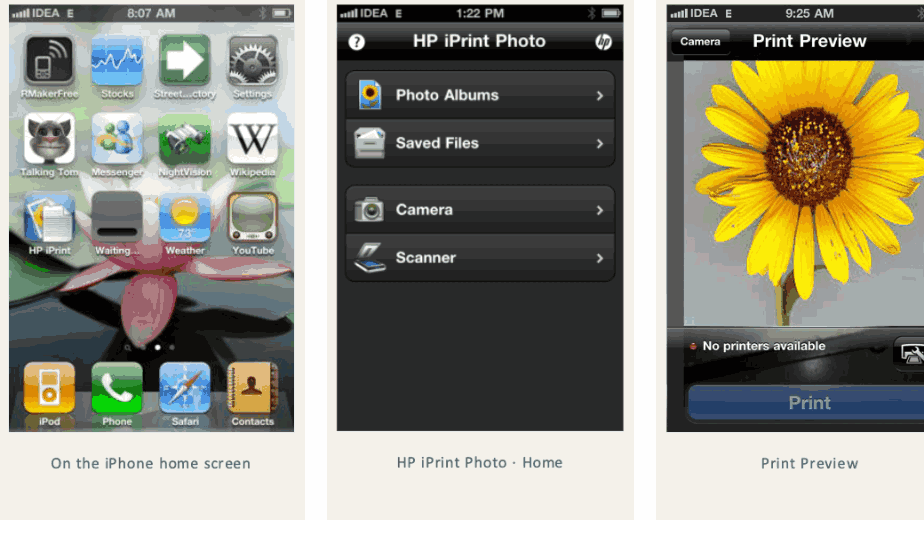 HP iPrint on iPhone — home screen, photo menu, and print preview