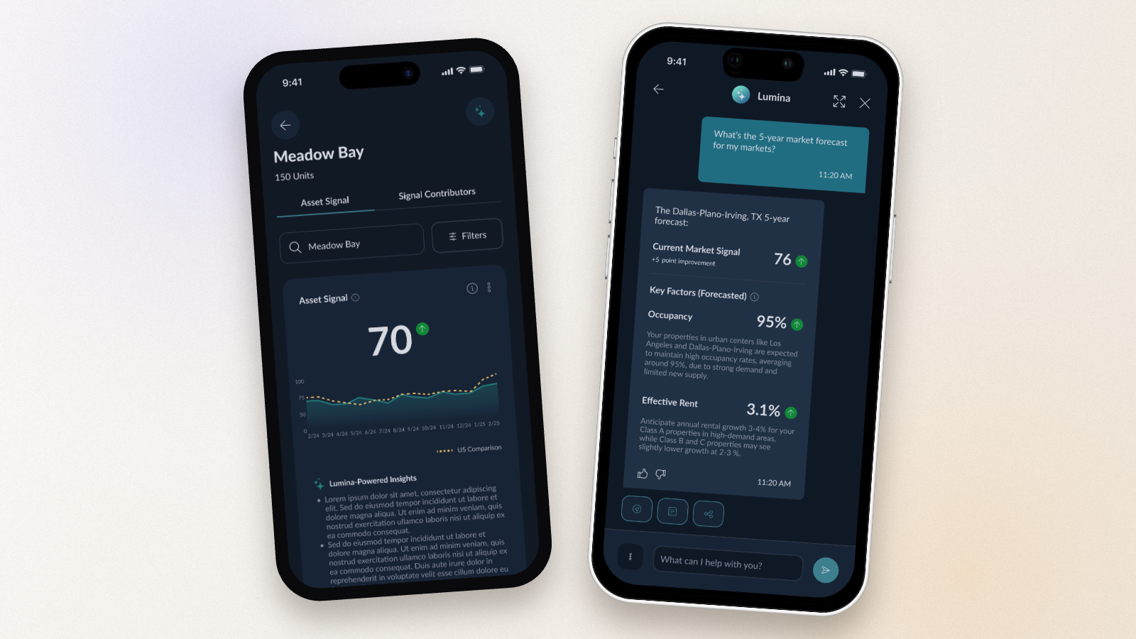 Lumina on mobile — Asset Signal on the left with score, trend, and insights; the conversational AI agent on the right answering a natural-language market-forecast question