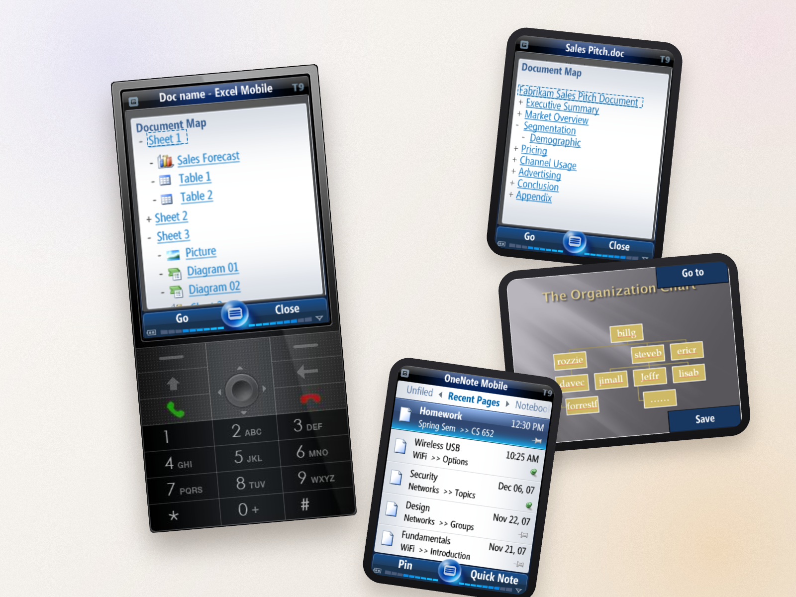 Office Mobile &mdash; Excel, Word, PowerPoint org chart, and OneNote running on Windows Mobile